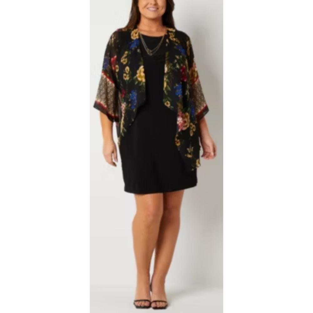 Studio One Black Boho Shift Dress W Faux Floral Chiffon Wrap Knee Length M NWT